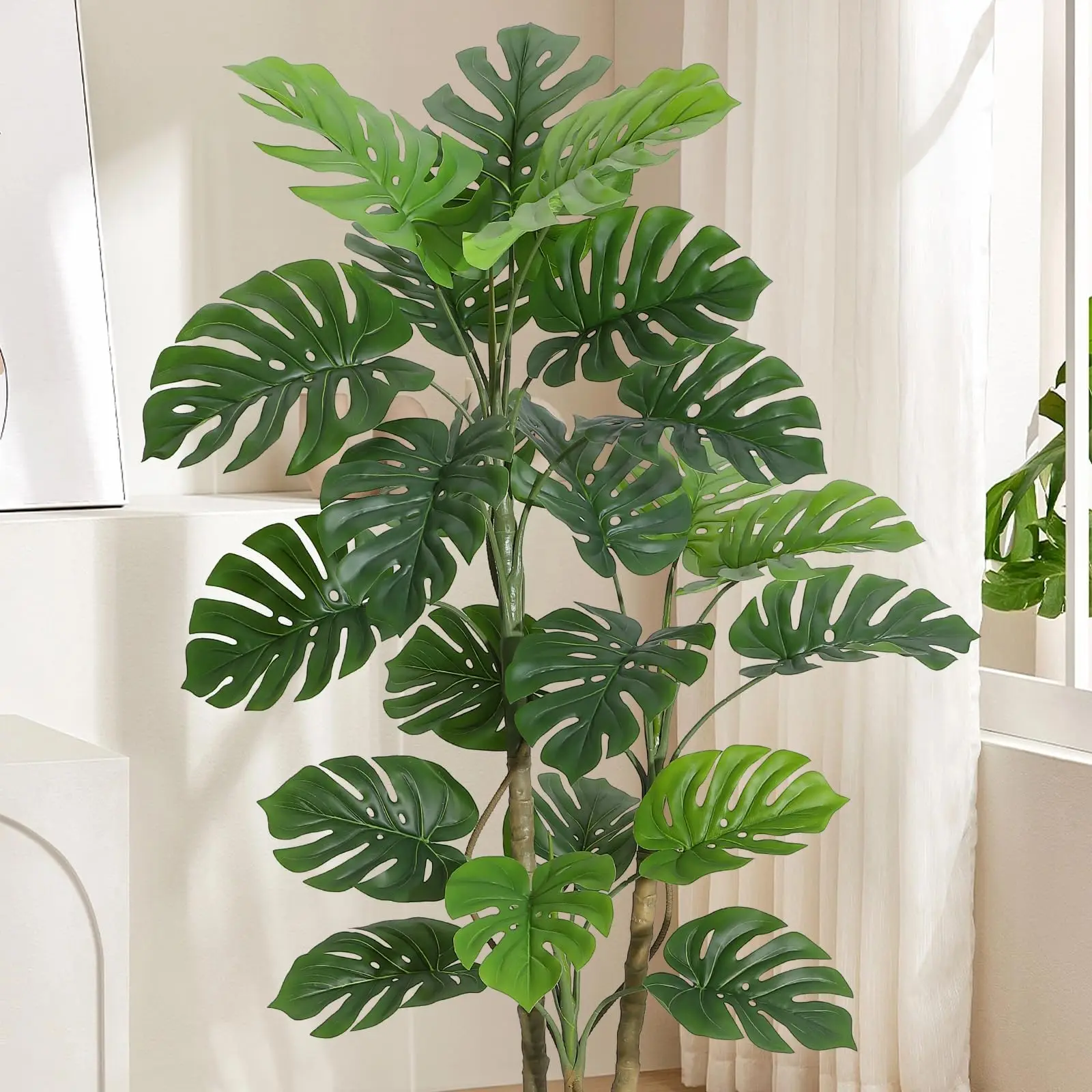 Plante artificielle Monstera Deliciosa de 180 cm, arbre artificiel avec pot en céramique, feuilles résistantes aux UV et poignées en fil flexible, entretien facile, plante décorative pour salon, maison et bureau