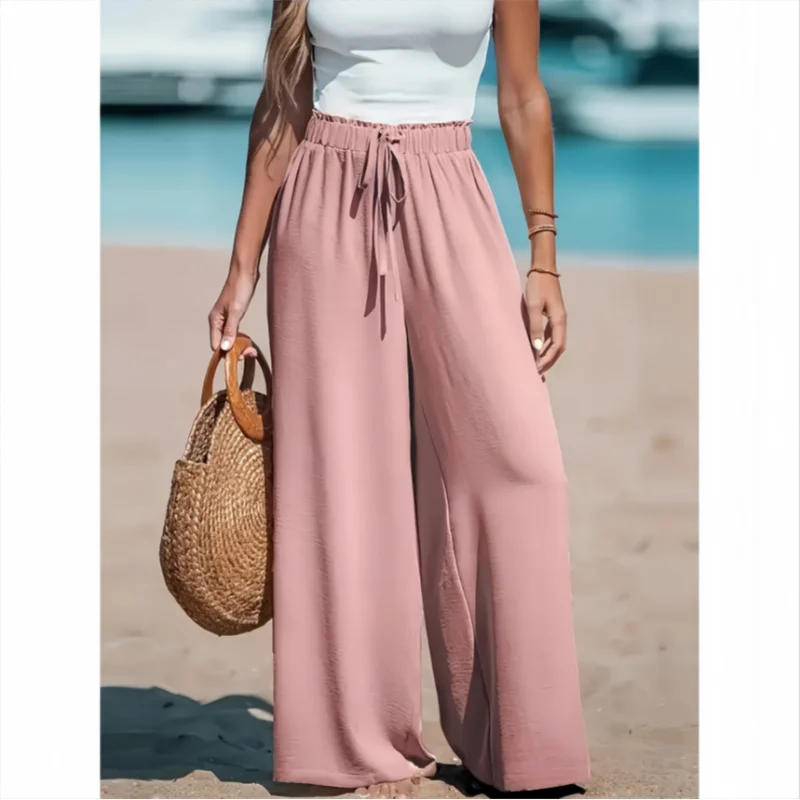 Women's Casual Wide Leg Pants Summer Comfort Pockets Elastic Waist Loose Fit Solid Color Long Pants Outdoor Vacation Beach