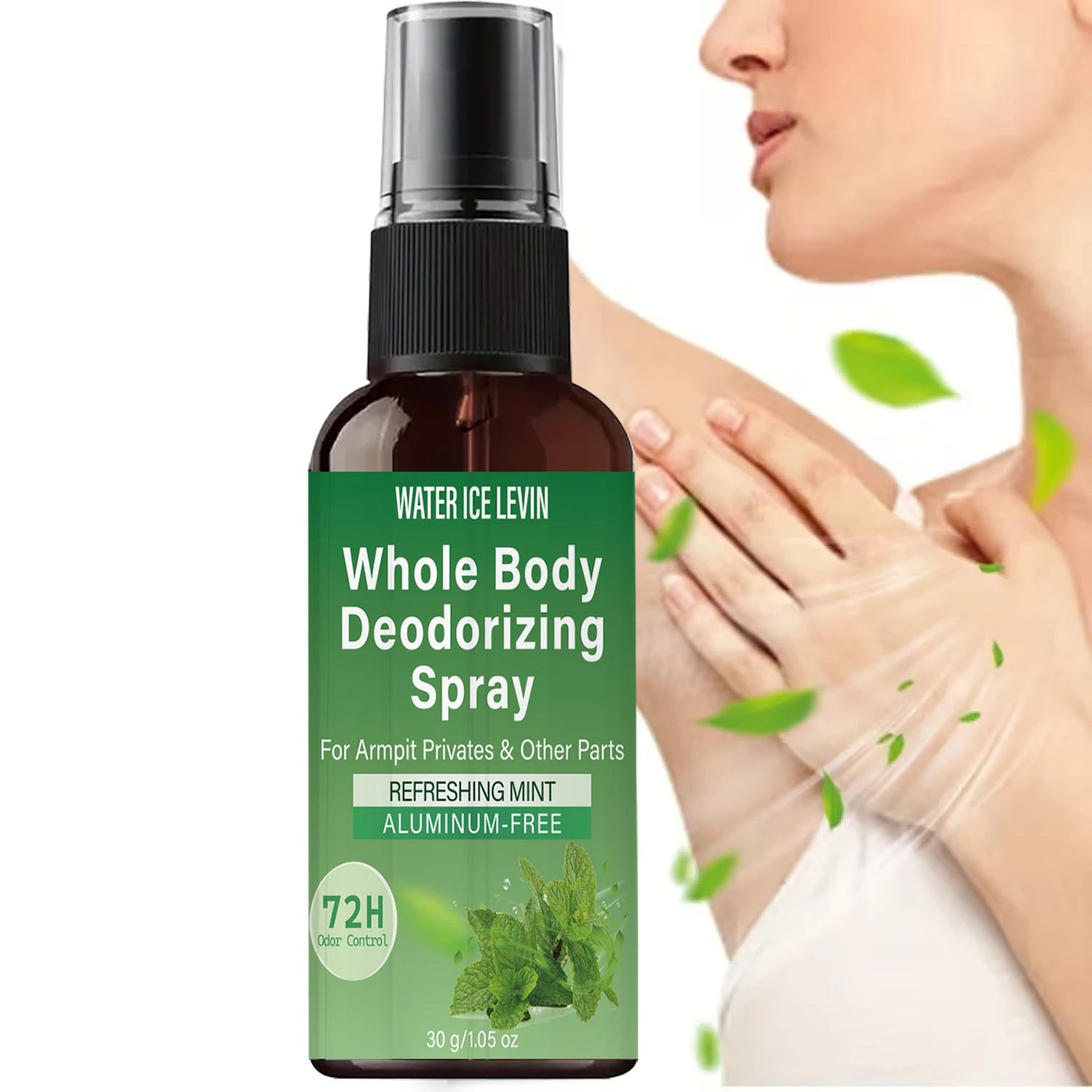 Water Ice Levin Whole Body Deodorizing Spray Aluminum‑Free 72H Odor Control Refreshing Mint Scent Body Care Spray 30g