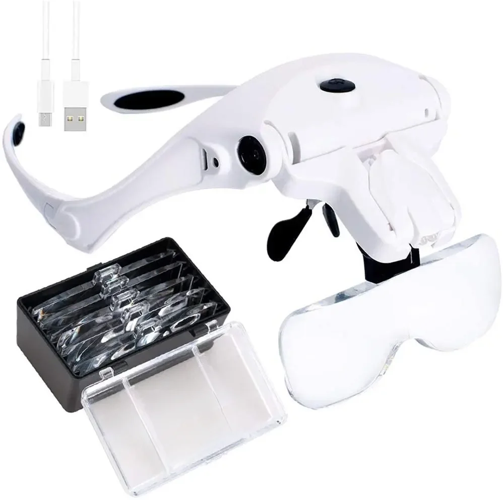 Szkło powiększające z opaską na głowę, lupa z ładowaniem USB i oświetleniem LED Biżuteria Zegarek Hobby 5 soczewek 1.0X 1.5X 2.0X 2.5X 3.5 — zdjęcie 2