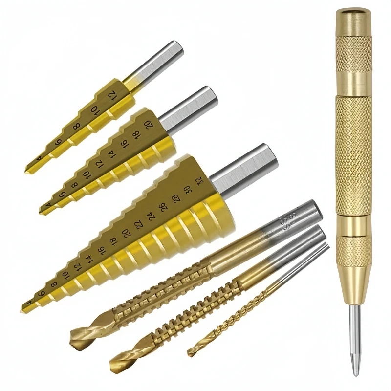 7 Pieces Titanium Yellow Scaled Steel Drill/Side Cut Drill Puncture Marker With Plastic P Organizer Case