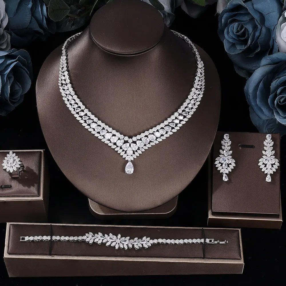 

Fashion AAA Cubic Zirconia 4PCS Wedding Bridal Jewelry Set UAE Dubai White CZ Necklace Earrings Bracelet Ring