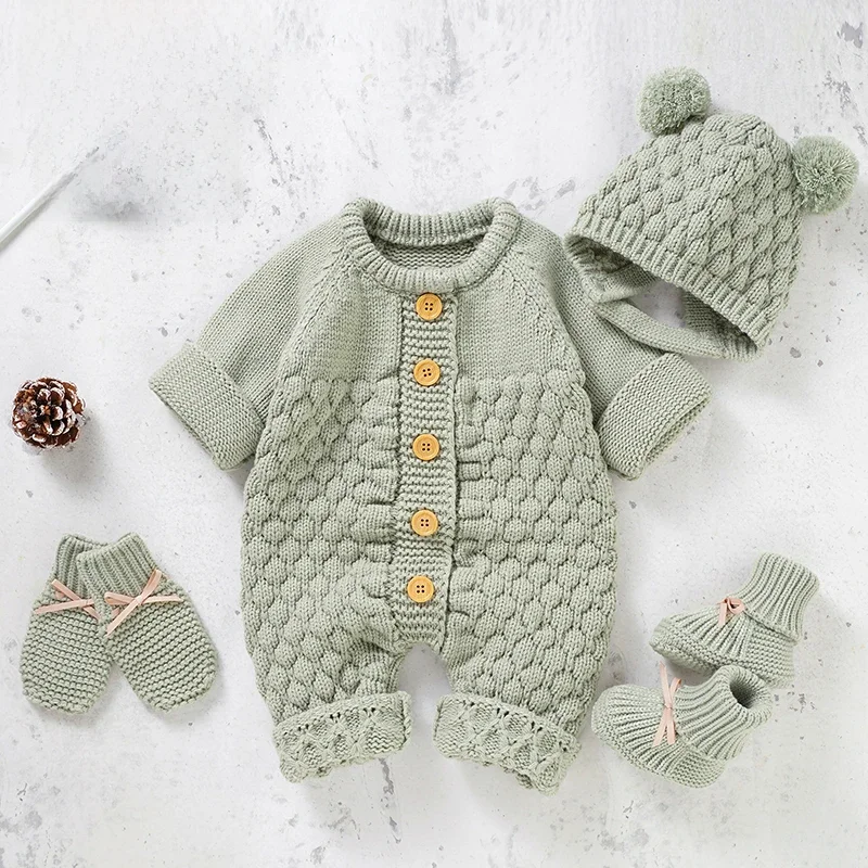 Baby Rompers Caps Clothes Sets Newborn Girl Boy Knitted Jumpsuits Outfits Autumn Winter Long Sleeve Toddler Infant Overalls 2pcs