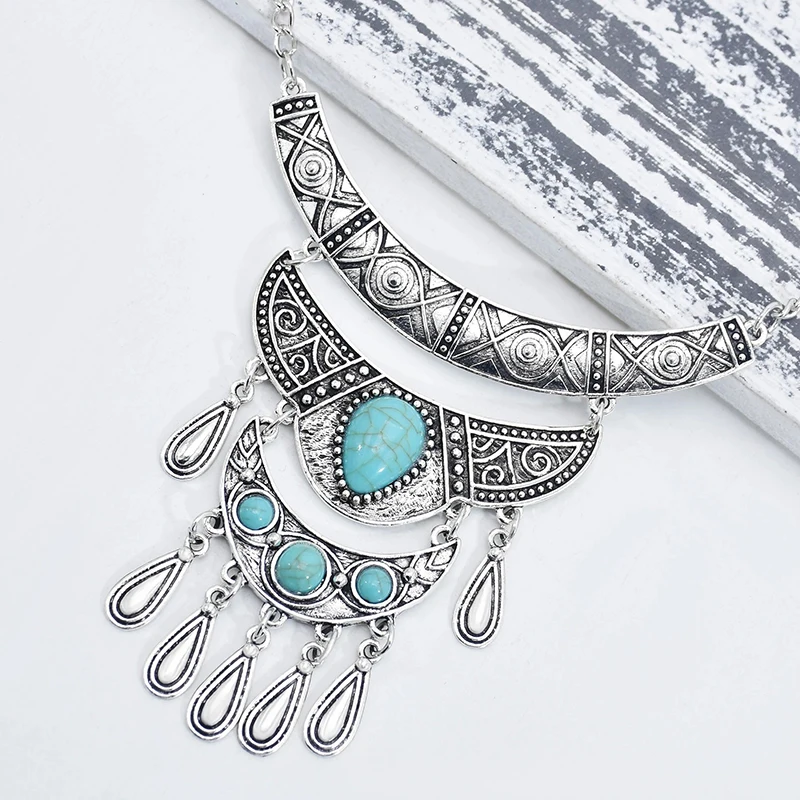 Vintage Ethnic Multilayer Water Drop Tassel Statement Necklaces for Women Boho Blue Beads Carved Silver Color Necklaces Jewelry