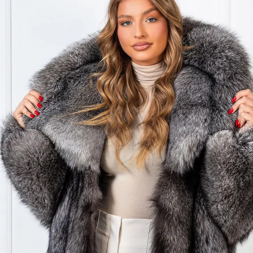 Medium Length Real Silver Fox Fur Coat with Big Turn-down Collar High Quality Women Genuine Silver Fox Fur Jacket Wholeskin