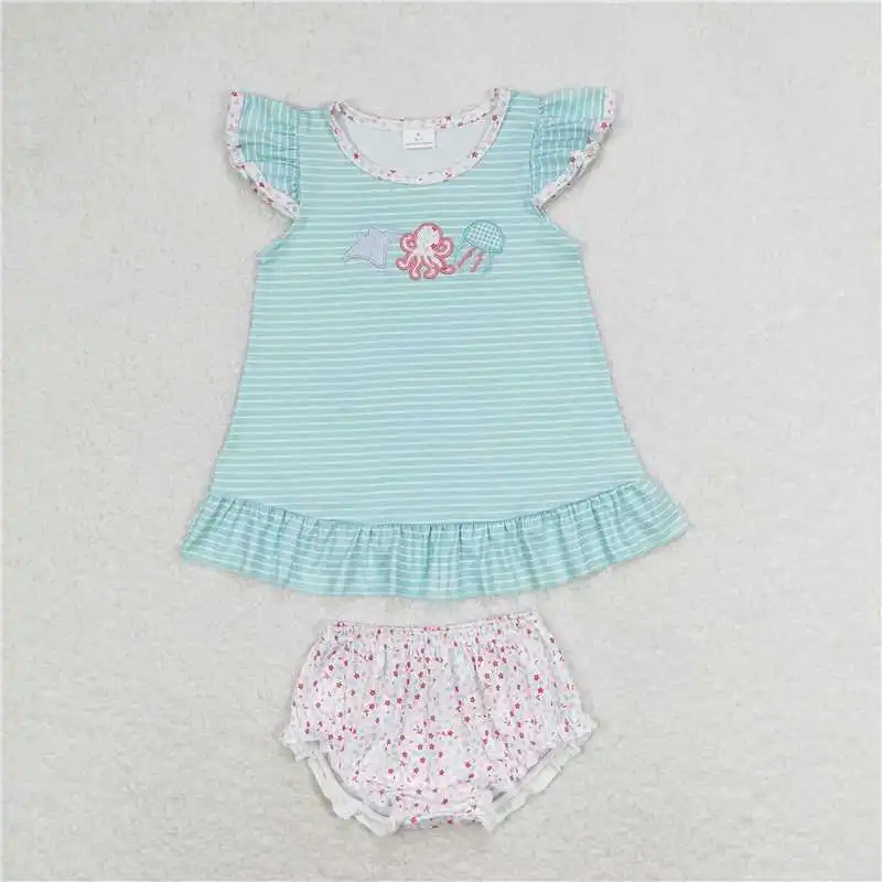 Summer Match Baby Girls Blue Stripes Octopus Sibling Sister Clothes Sets Wholesale Boutique Fashion Children Clothes