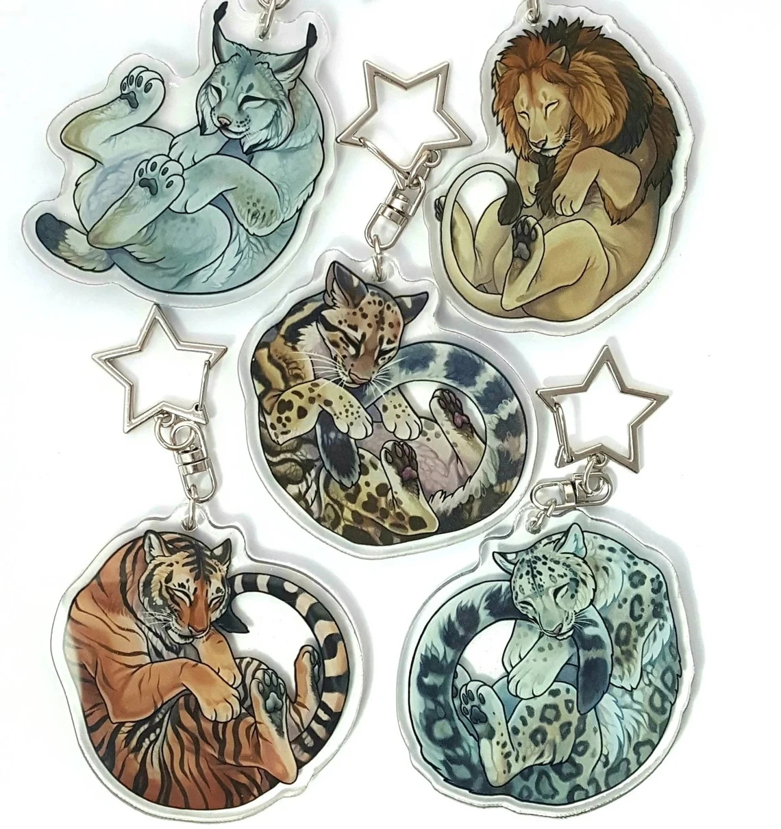 Lot de porte-clés en acrylique Big Cat, breloques animaux sauvages endormis, pendentif en époxy scintillant avec fermoir étoile, cadeau pour les amoureux de la faune
