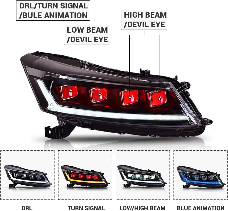 LED Headlight for 8th Gen Honda Accord 2008 - 2012 Head Lamp Front Light Assembly DRL  Animation Devil Eye Turn Signal