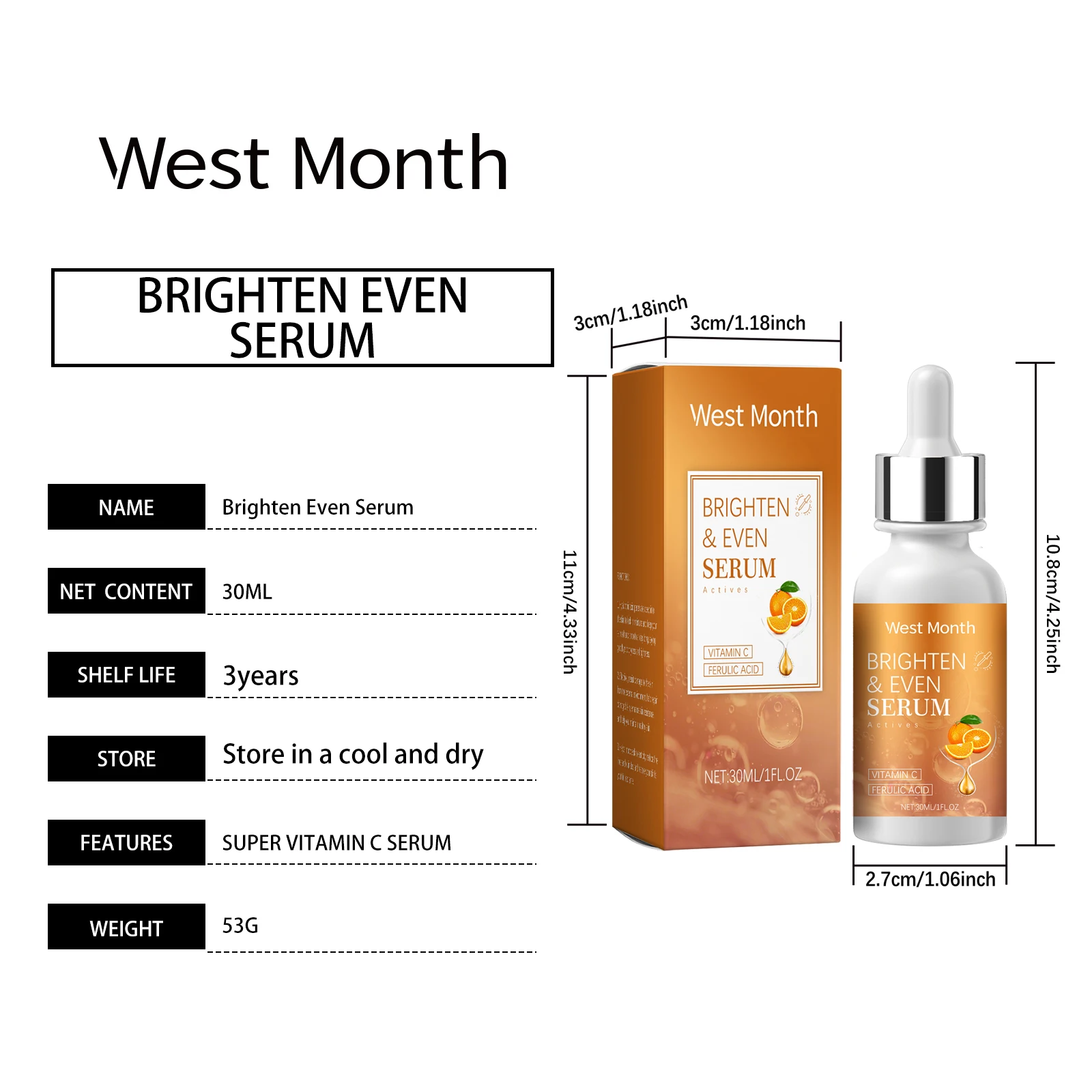 West Month 30 مللي فيتامين C مصل تفتيح الوجه يغذي البشرة بشكل مملة حتى لون البشرة ترطيب عميق جوهر الوجه الناعم #6