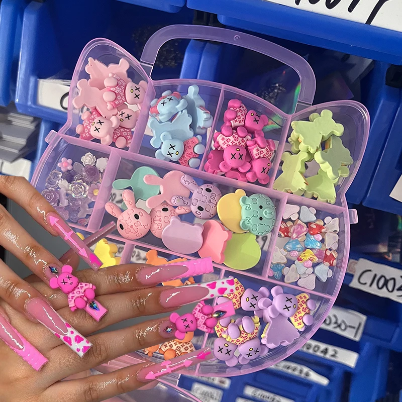 1Box Kawaii Bear Nails Decoration Flat Back Large Resin Cartoon Bunny Parts Large Street Character Charms nail Decor