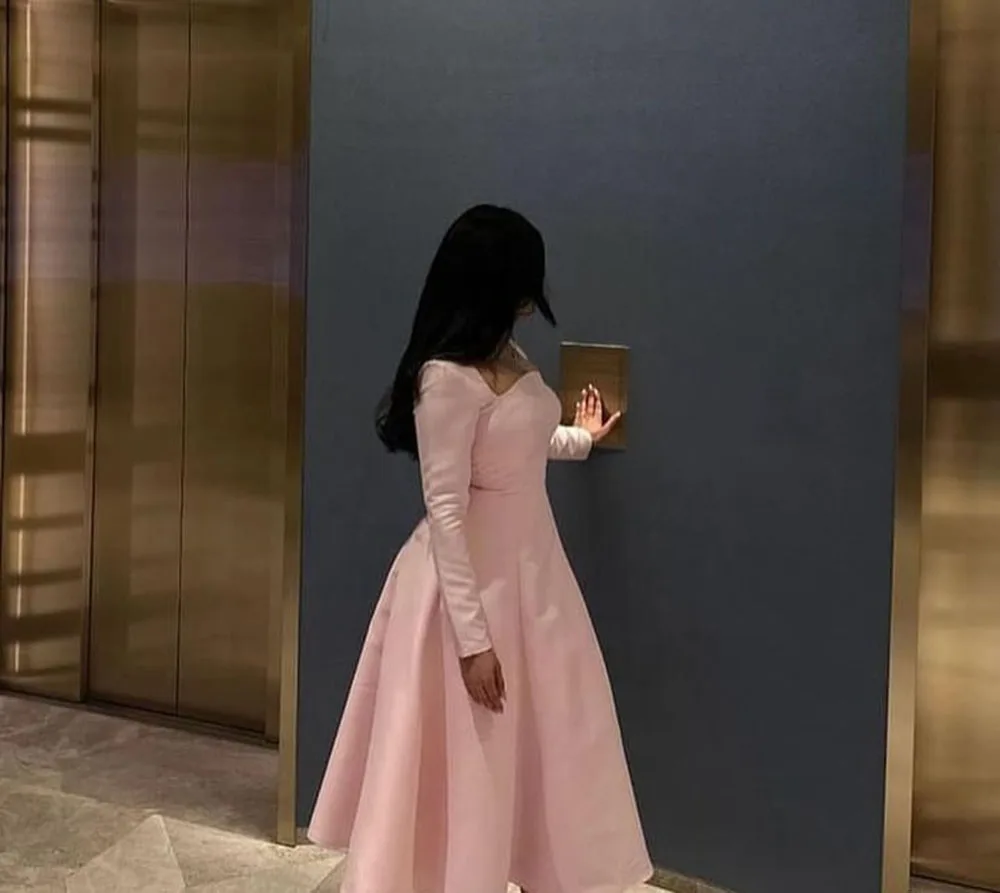 Msikoods Pink Arabic Prom Dress Gowns Long Sleeves A Line Satin Custom Formal Evening Gown Elegant Party Dress For Women