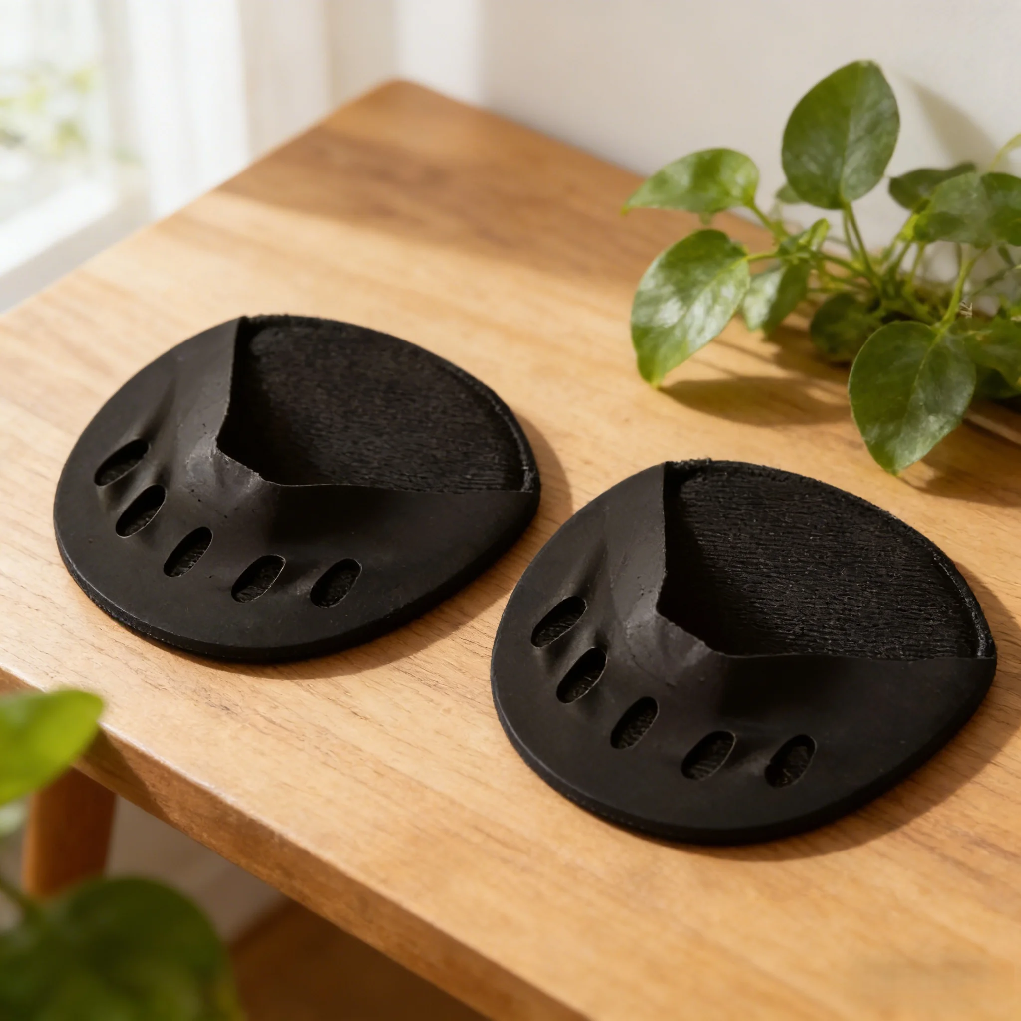 

Сдержанные черные подушечки для ног — мягкая ткань с 5 овальными вырезами для целевой поддержки свода стопы и дышащей вентиляции