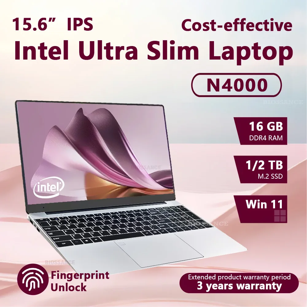 15.6 ''ordinateur portable Windows 11 Intel Celeron N4000 16GB DDR4 1 to 2 to SSD bureau étude jeu ordinateur portable empreinte digitale ordinateur portable