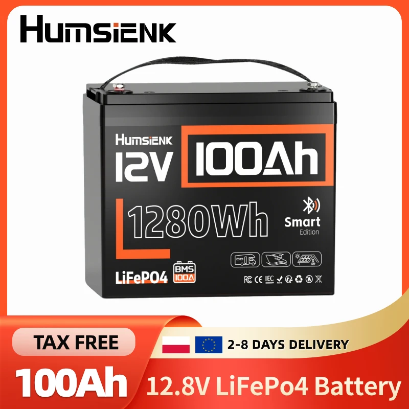 Batterie au lithium LiFePO4 Humsienk 12V 100Ah avec Bluetooth, Groupe 24, énergie max. 1280Wh, BMS 100A intégré avec protection contre les basses températures, idéale pour moteur de pêche à la traîne, camping-car, bateau, système solaire