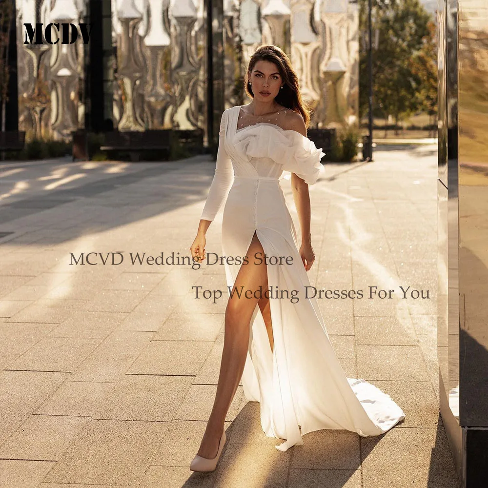 

MCDV One Shoulder Elegant Wedding Dress Women 2025 Beading Pleat Slit Bridal Gown Split Bead Lace Vestido De Novia Customized