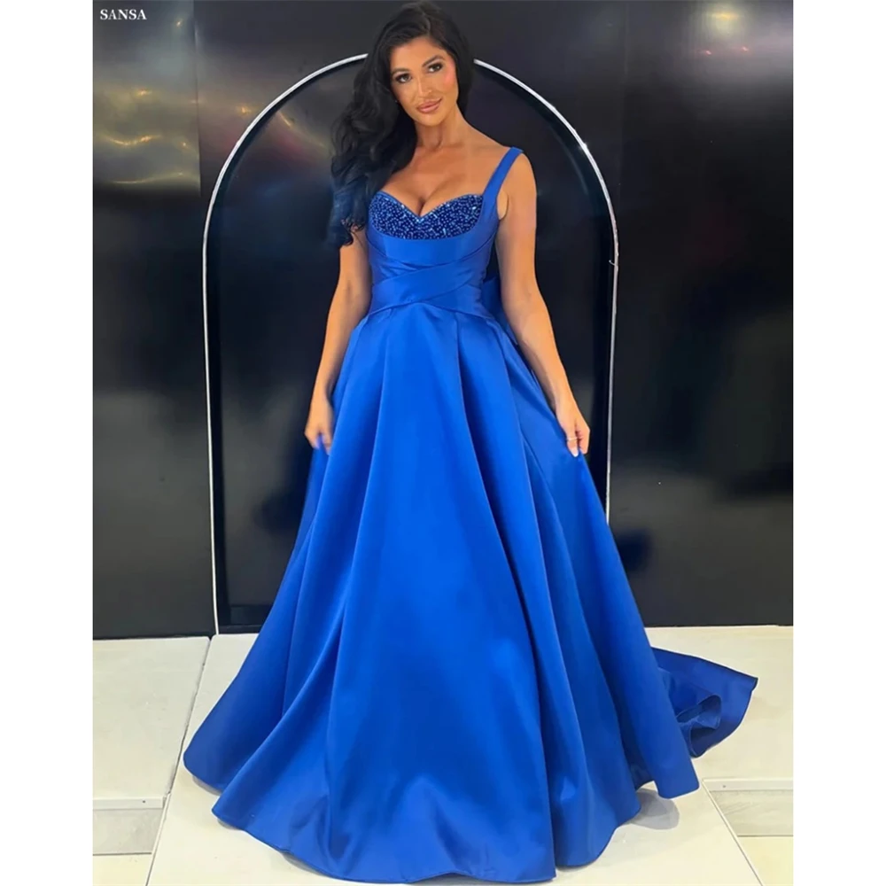 Sansa personalizado zafiro azul perlas A-line arco Spaghetti Strap vestido De graduación sin mangas Vestidos De Noche hasta el suelo Noche
