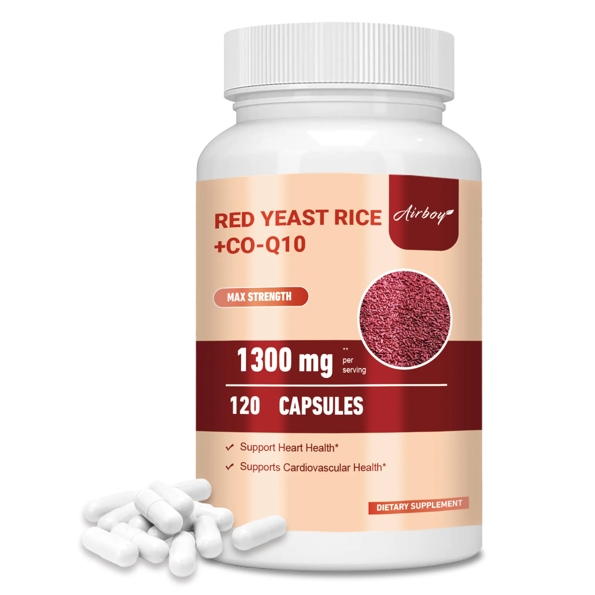 Red Yeast Rice + Co-Q10 - Promotes Energy Production, Supports Heart, Cardiovascular Health, Antioxidant - 120 Capsules