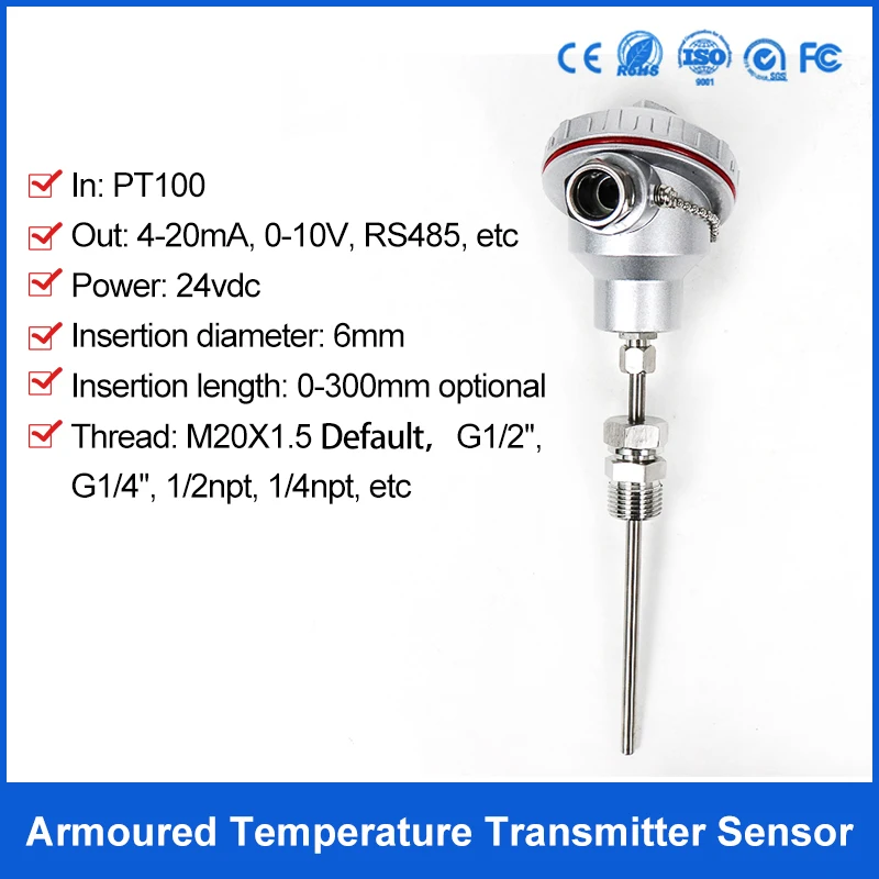 PT100 Temperature Sensor With Fixed Thread 4-20mA Waterproof Armored pt100 Temperature Transmitter