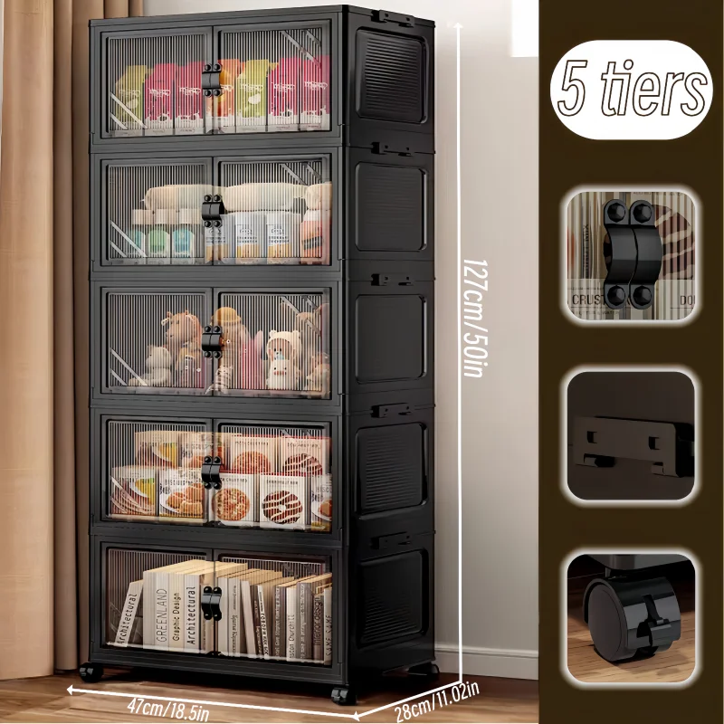 3/4/5/6-Tier Foldable Storage Cabinet with Clear Double Doors, Foldable and Stackable Plastic Storage Boxes with Wheels, Large-Capacity Rolling Organizer, Perfect for Pantry, Bedroom, Bathroom, or Coffee Bar, Black