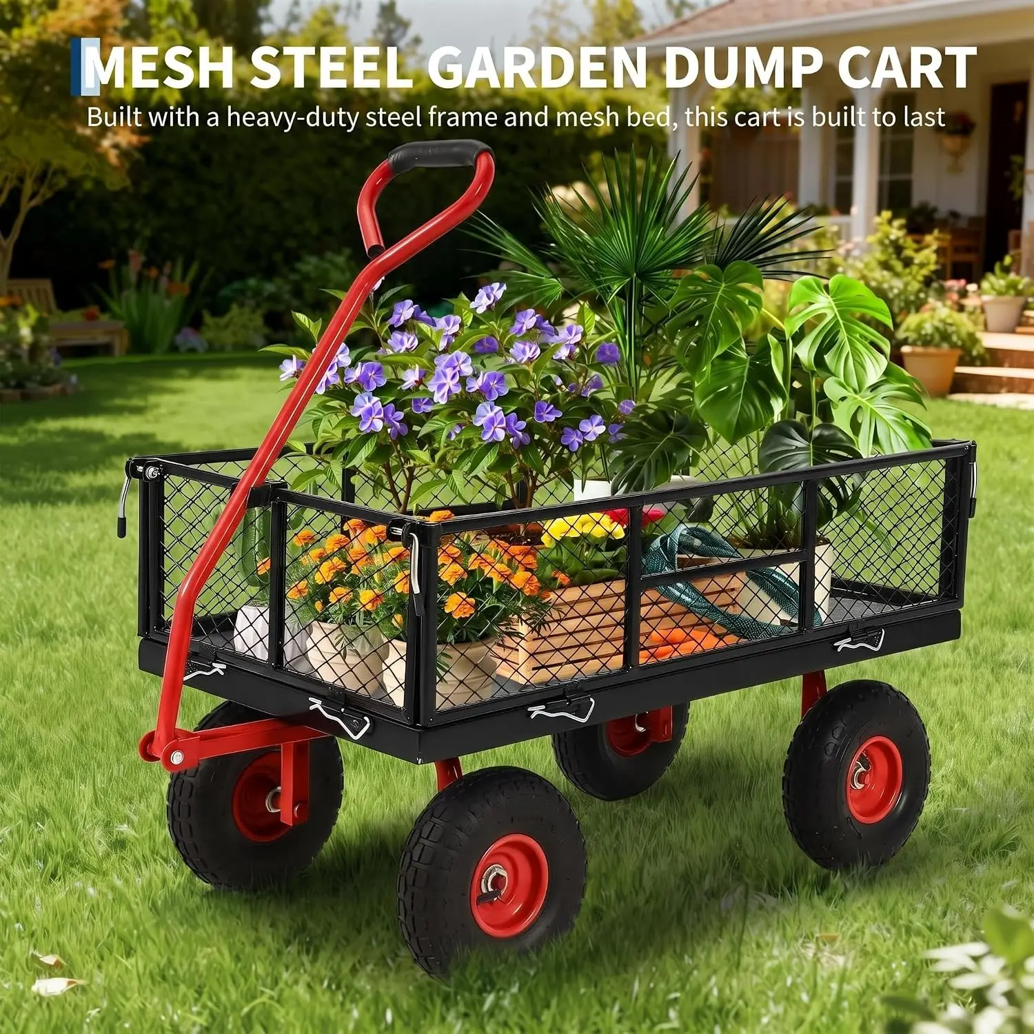 900 LB Garden Cart, Heavy Duty Metal Utility Garden Wagon Cart. Red 13 in All Terrain Tires, 4-in-1 Yard Wagon Cart with Removable Side Panels for Outdoor Lawn, Yard, Backyard