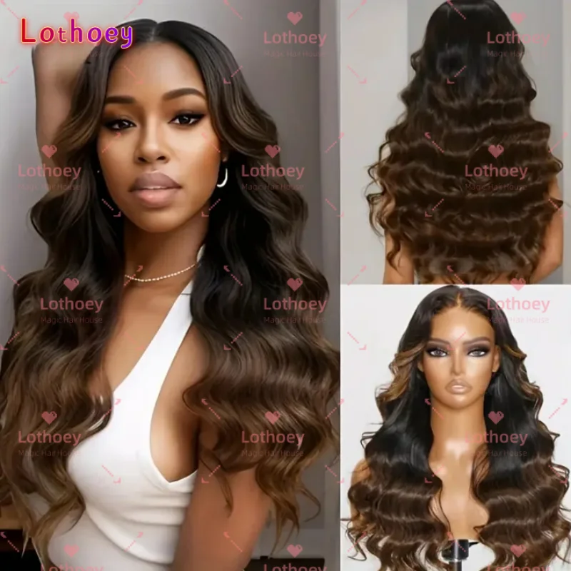 Ombre Brown Body Wave Wig - Glueless Pre Cut Lace Front Human Hair Wig - Chestnut Brown with Dark Roots Loose Wave Pre Bleached