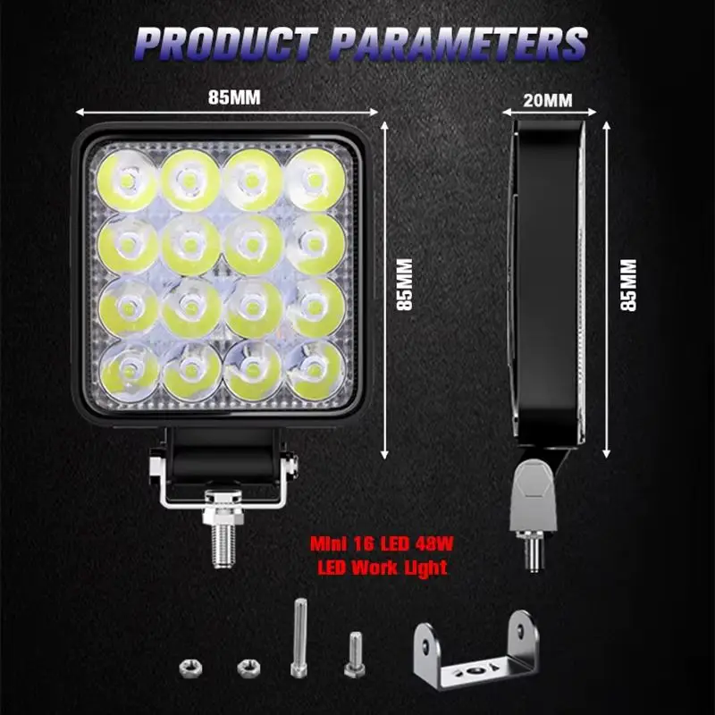 2PCS 48W LED Fog Light Square Offroad Driving Spot Light Work Light for Truck Tractor Trailer Excavator Pickup 12V-48V view 2