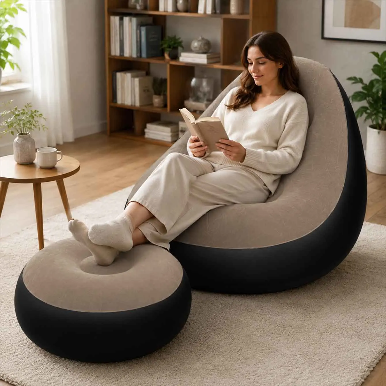 1PC Inflatable Lounge Chair for Adults, Folding Portable Lazy Sofa with Foot Stool Lazy Flocking Recliner Chair Air Couch Sofa image 3