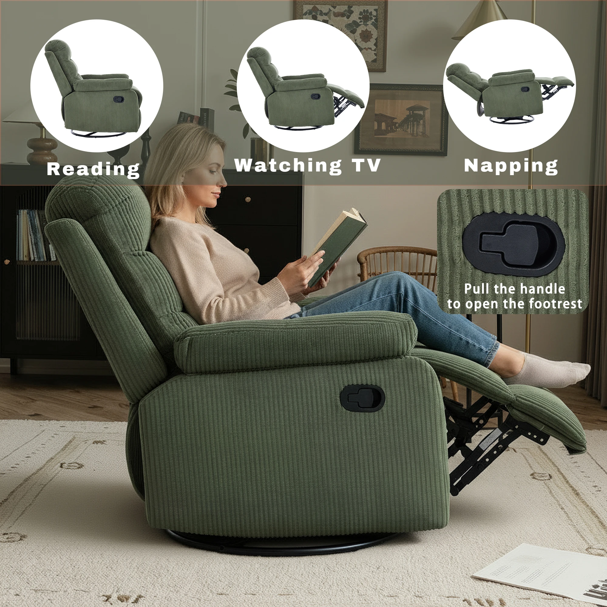 360° Swivel & 30° Rocking Corduroy Recliner Chair, Manual Pull Reclining Single Sofa Chair for Small Space Nursery Room