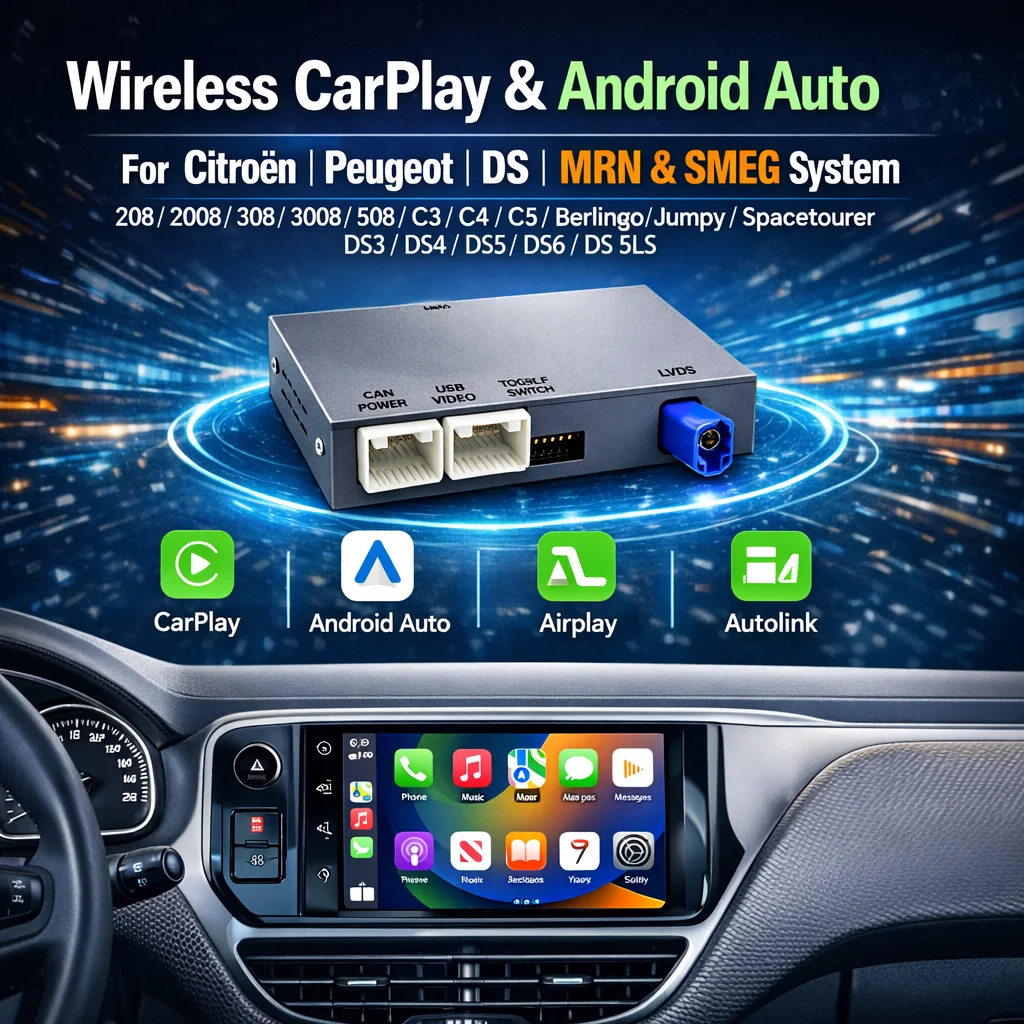 Modulo REEIIO Wireless Carplay e Android Auto per Peugeot Citroen SMEG 208 508 C3 C4 C5 DS 3 4 5 6 con supporto per la videochiamata posteriore