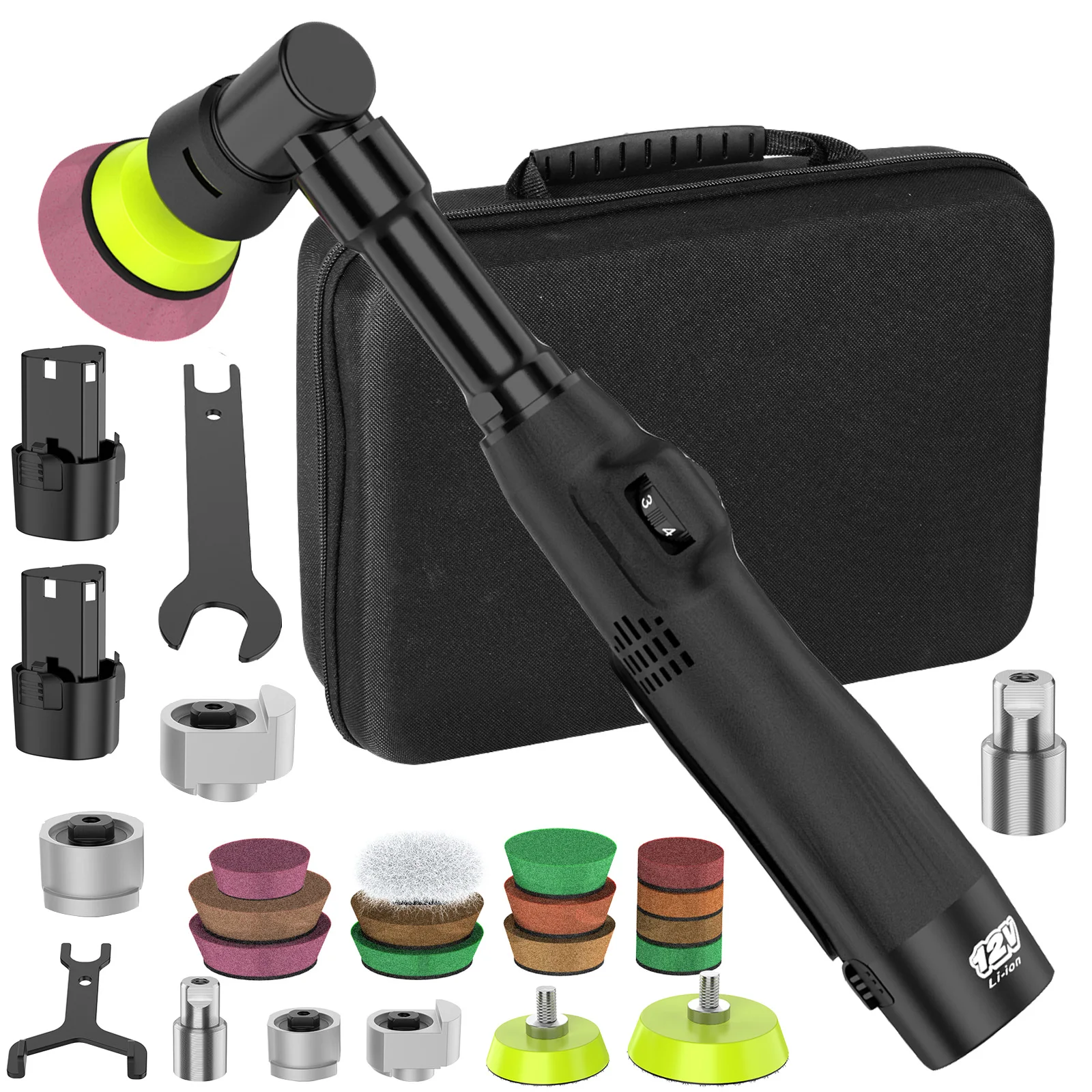 Pulidora RO/DA de doble hilo y modo dual de 12 V para coche, sin filamentos para acabados automotrices, elimina microarañazos, velocidad ajustable, con 2 baterías