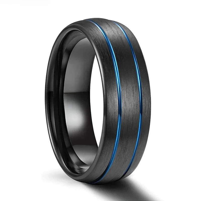 8MM czarny mężczyzna pierścionek z węglika wolframu podwójna niebieska linia wkładka projekt obrączka pierścionek zaręczynowy biżuteria bague homme — zdjęcie 2