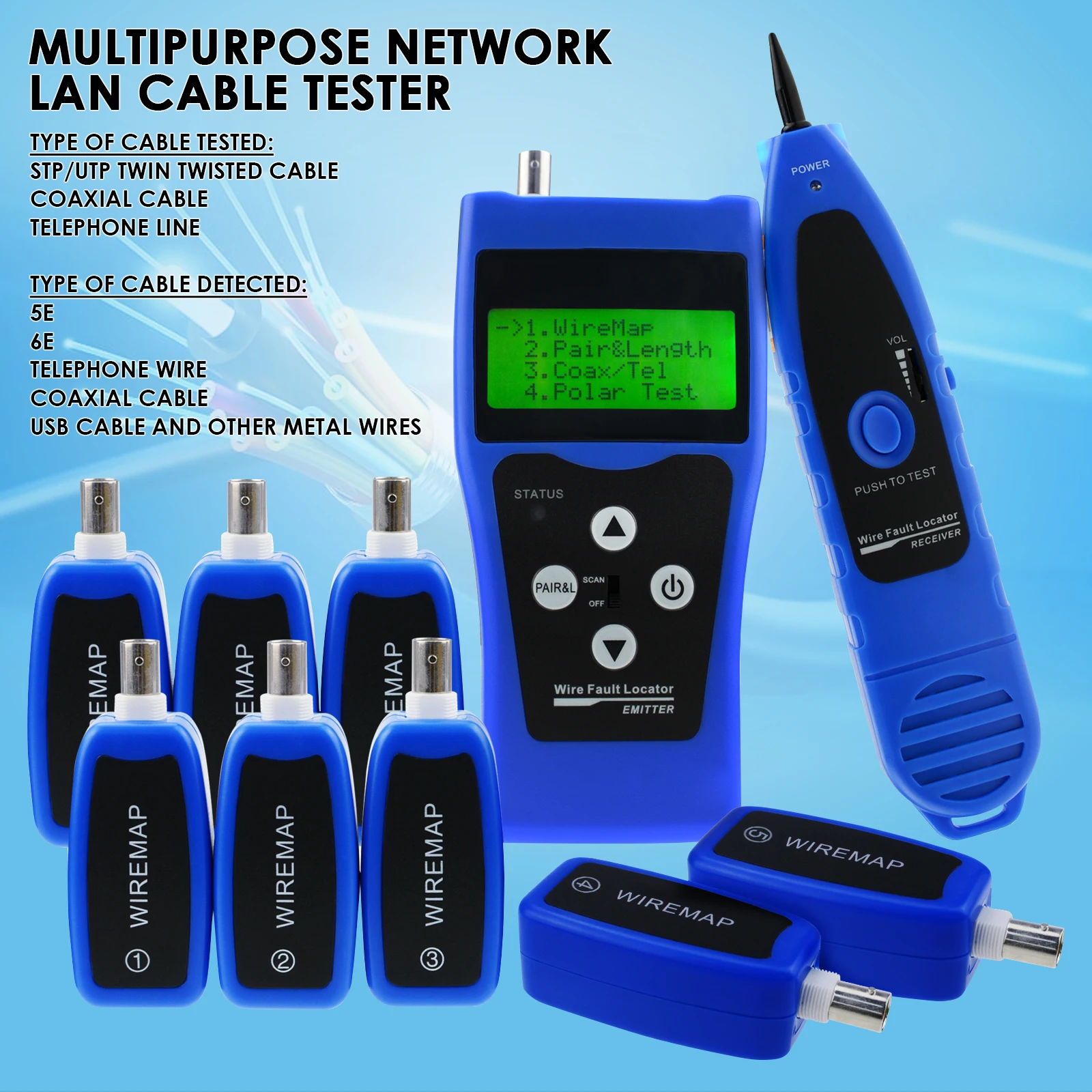 Digital Network Cable Tester Tracker Multifunctional with 8 Far-end Jacks Ethernet LAN Phone USB Coaxial