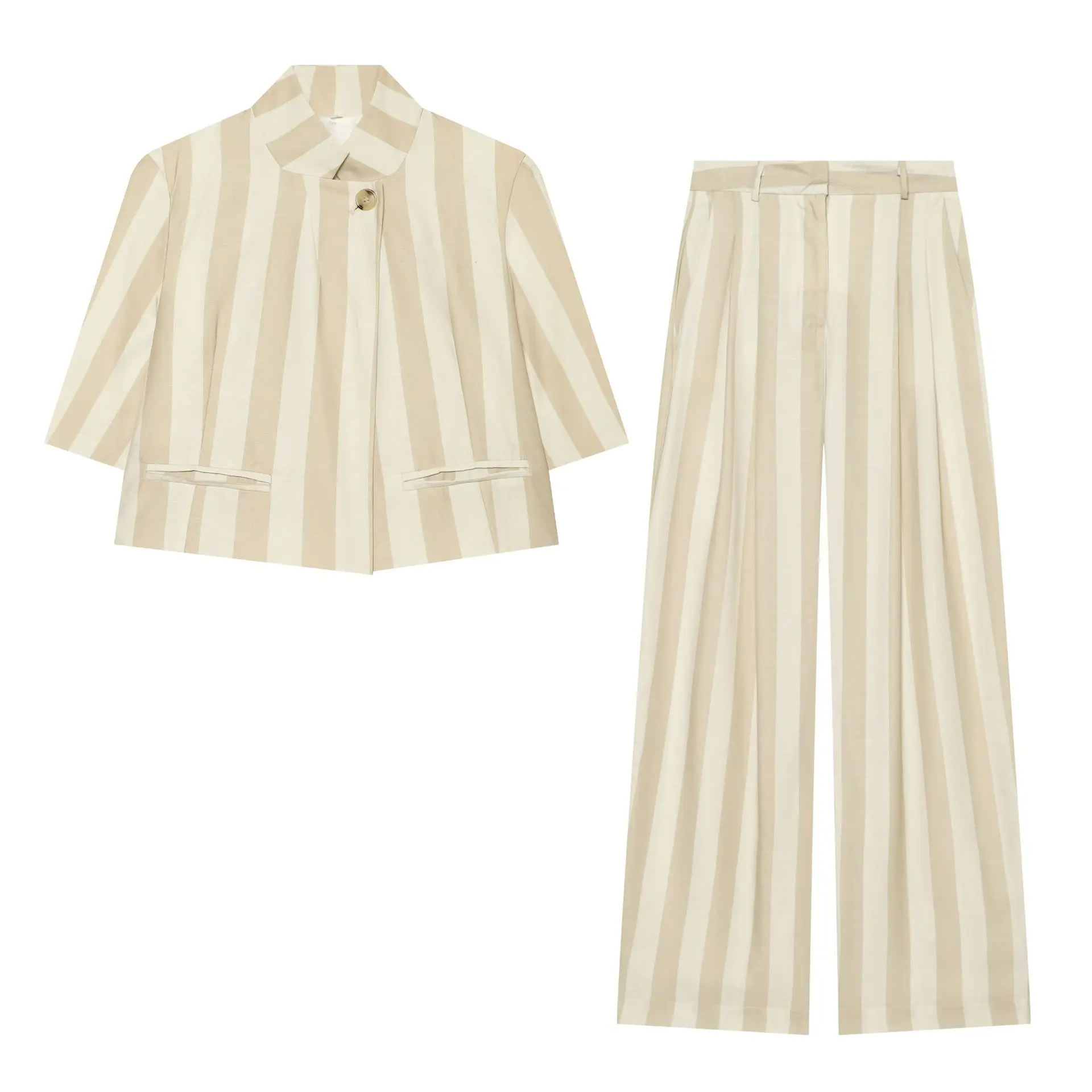 Women Two Piece Set Striped Short Sleeve Cropped Jacket Coat High Waist Wide Leg Long Pants Suit Summer Old Money Casual Outfits