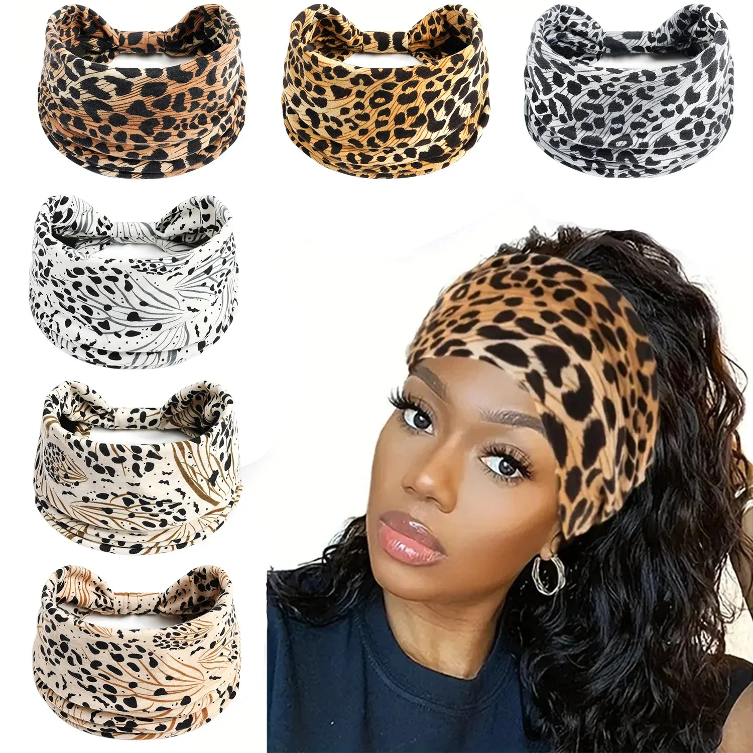 Szerokie opaski na głowę damskie wiązane turban z pałąkiem na głowę elastyczne antypoślizgowe opaski do włosów Boho okłady na głowę trening Leopard joga bawełniane szaliki do włosów — zdjęcie 2