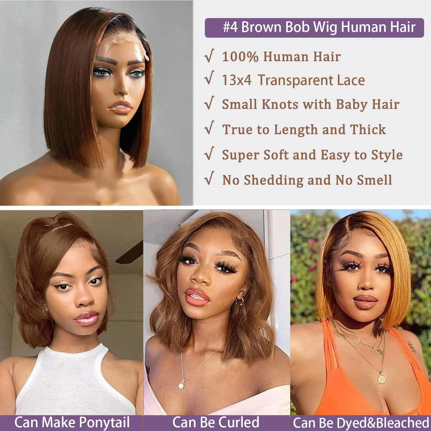 13x4 Lace Frontal Wig Short Bob Wig Chocolate Brown #4 Transparent Lace Front Wigs Pre Plucked Human Hair Wigs Straight Bob Wig