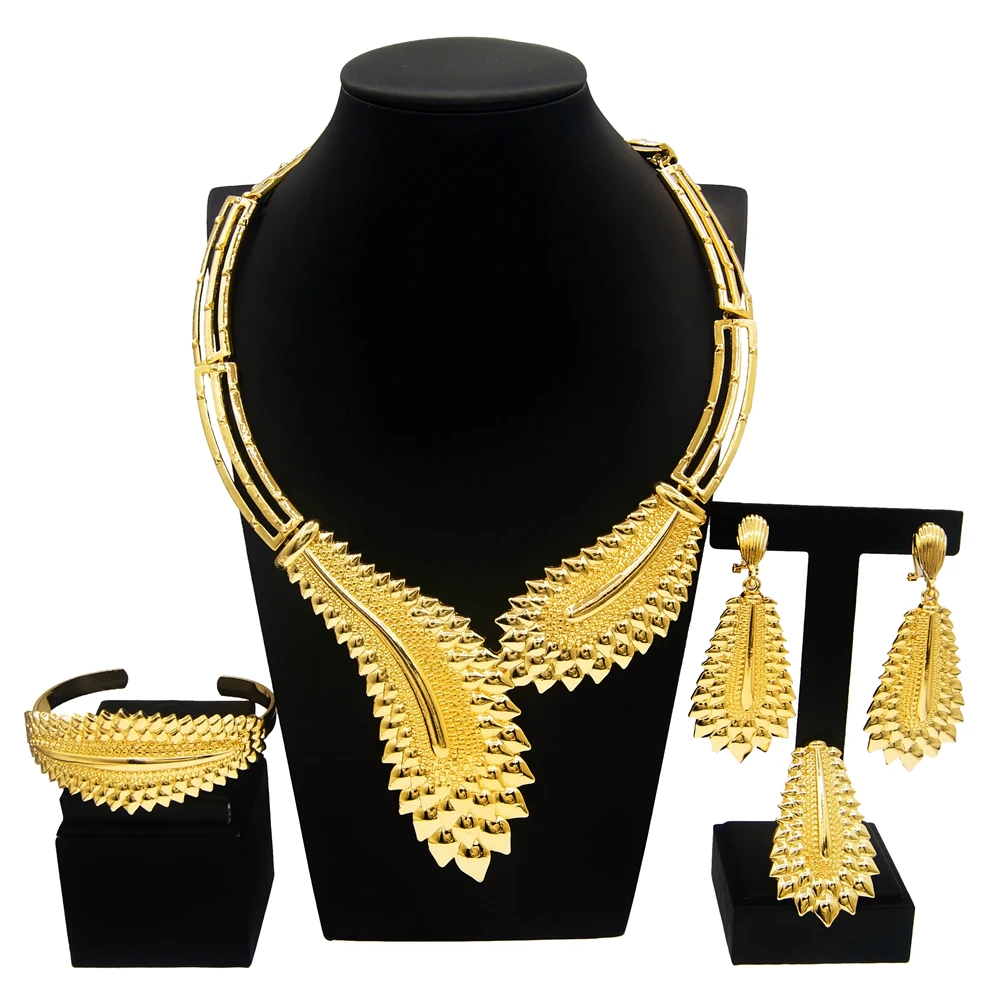Dubai Gold Plated Jewelry Sets For Women Brazilian Original Fashion Trend Earrings Rings Wedding Banquet Jewelry Sets