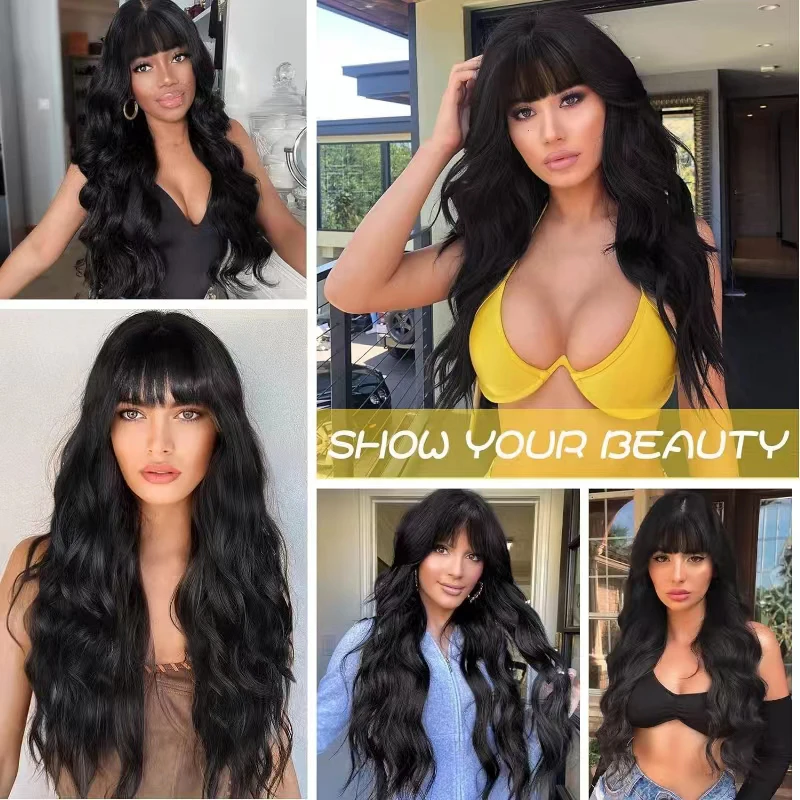 Long Wavy Black Wig for Women Daily Party Natural Synthetic Blonde Wigs with Bangs Body Wave Wigs Cosplay Hair Heat Resistant