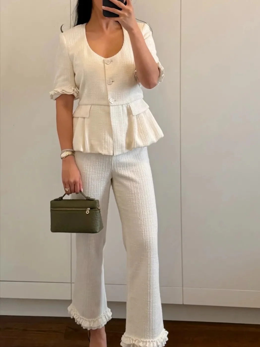 Vintage Tweed Two Piece Pants Set Women Elegant Ruffle Short Sleeve Blazer Tops And High Waist Flared Long Trousers Suits 2026