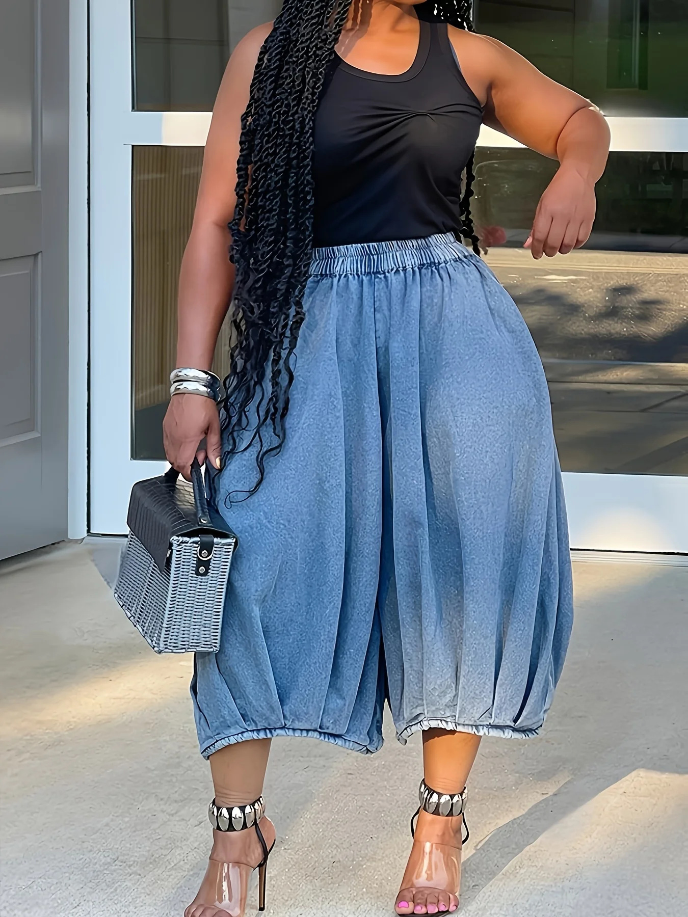 

Women's Wide Leg Jeans - Casual Loose Elastic Waist, Straight Pleated Cropped Pants, Large Size Plus Size Loose Fit for Daily St