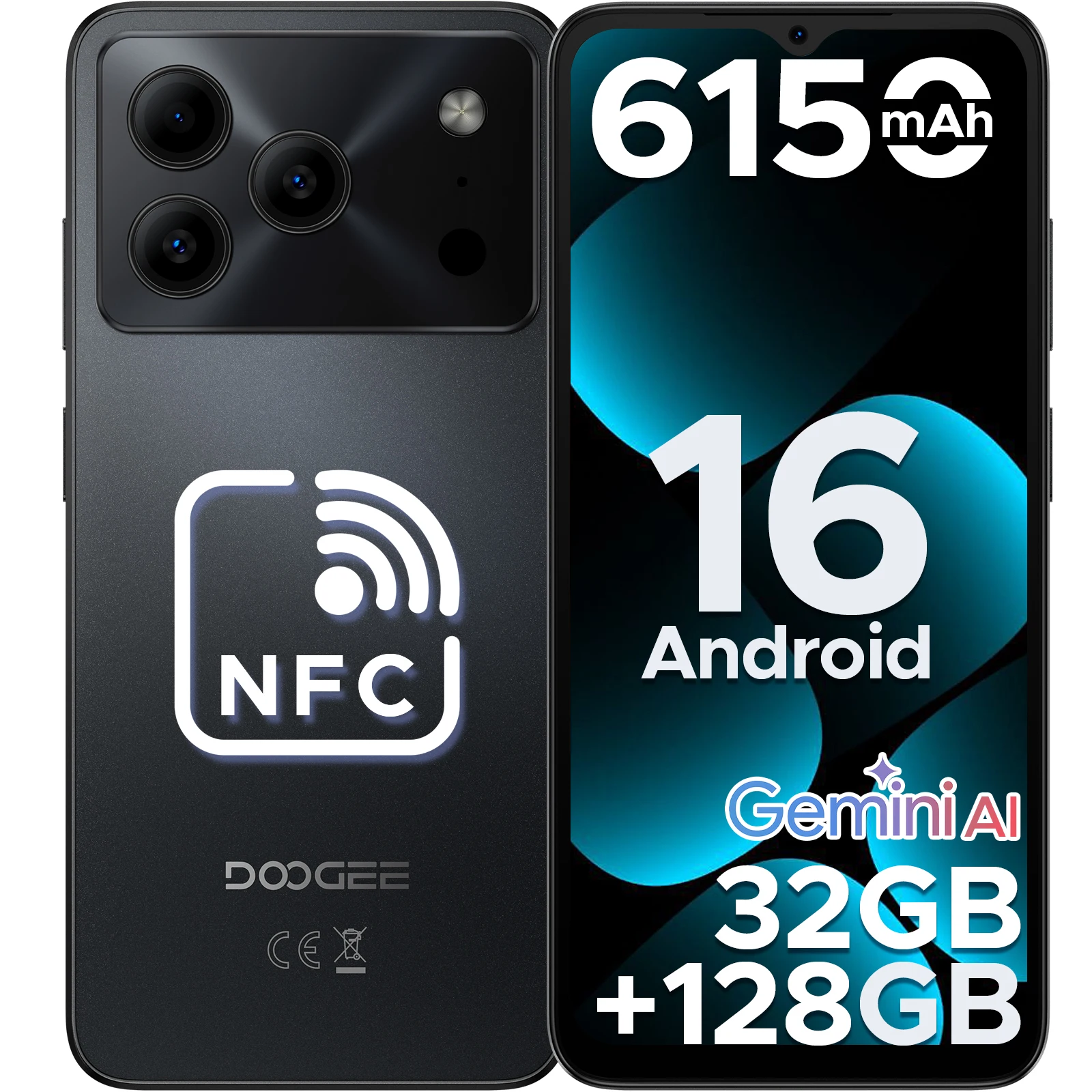 DOOGEE Note56 Pro Smartphone 32GB + 128GB Android 16 6150mAh batterie 6.56 ''90Hz écran 13MP + 8MP Widevine L1 NFC téléphone portable