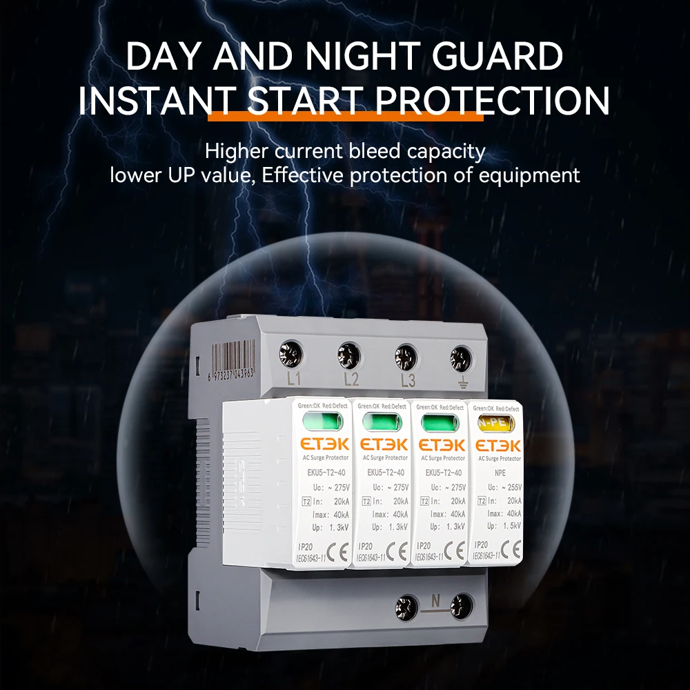 ETEK House Surge Protective Device Protector Arrester Protection Type T2 SPD AC 4P 20KA~40KA 3P+NPE 275V EKU5-T2-40-3PN275