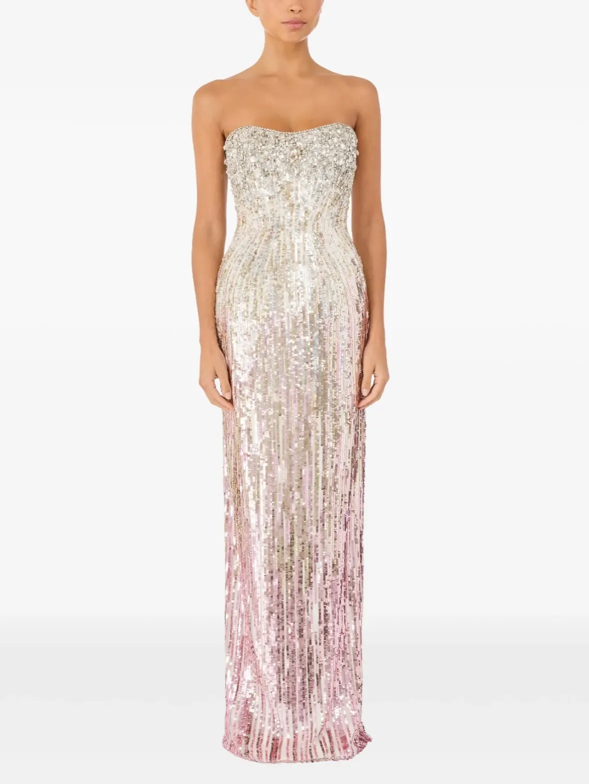 Ivory Blush Ombre Prom Dress Strapless Scallop Neck Vertical Gradient Sequin Fitted Column Maxi Skirt Wedding Guest Homecoming