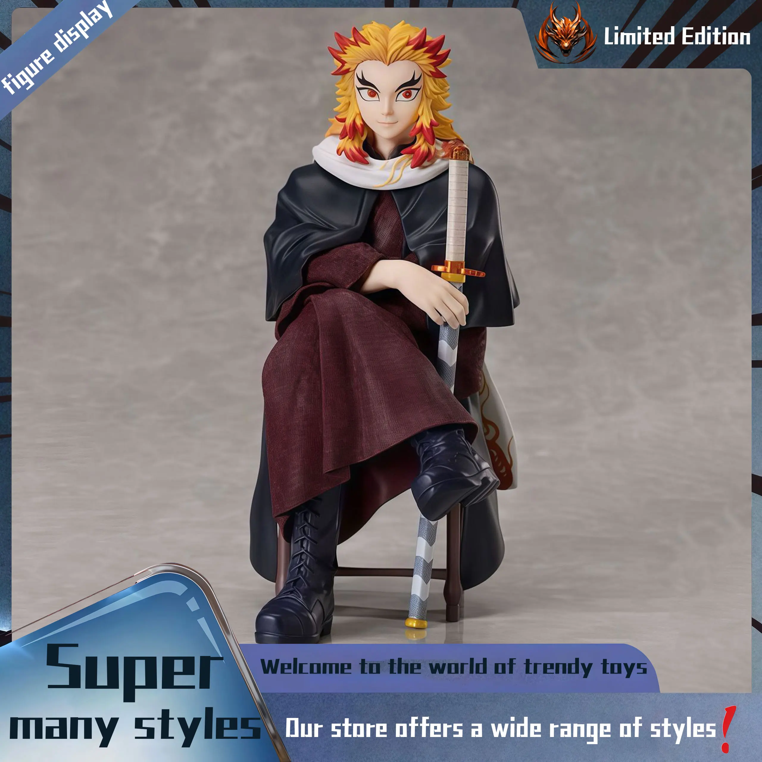 Sitting Kyojuro Rengoku Anime Figure Model , Trendy Scene Ornaments, Premium Collectible Decor Gifts Exclusive for Anime Fans