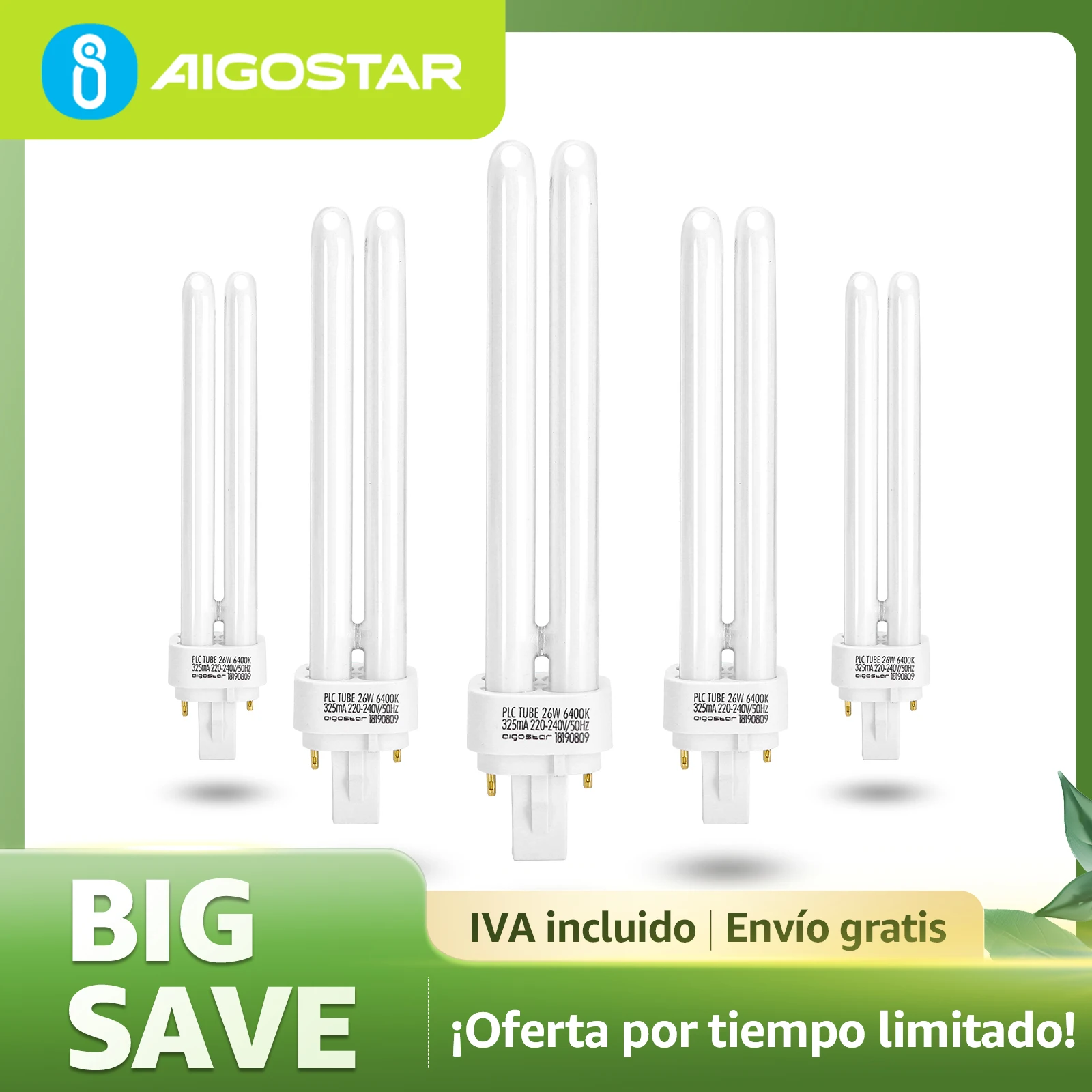 Aigostar - Pack de 5 Bombillas PLC Tubo, 26W, Maiz G24, 2 Pines, Luz blanca 6500K, 1600Lm, No regulable