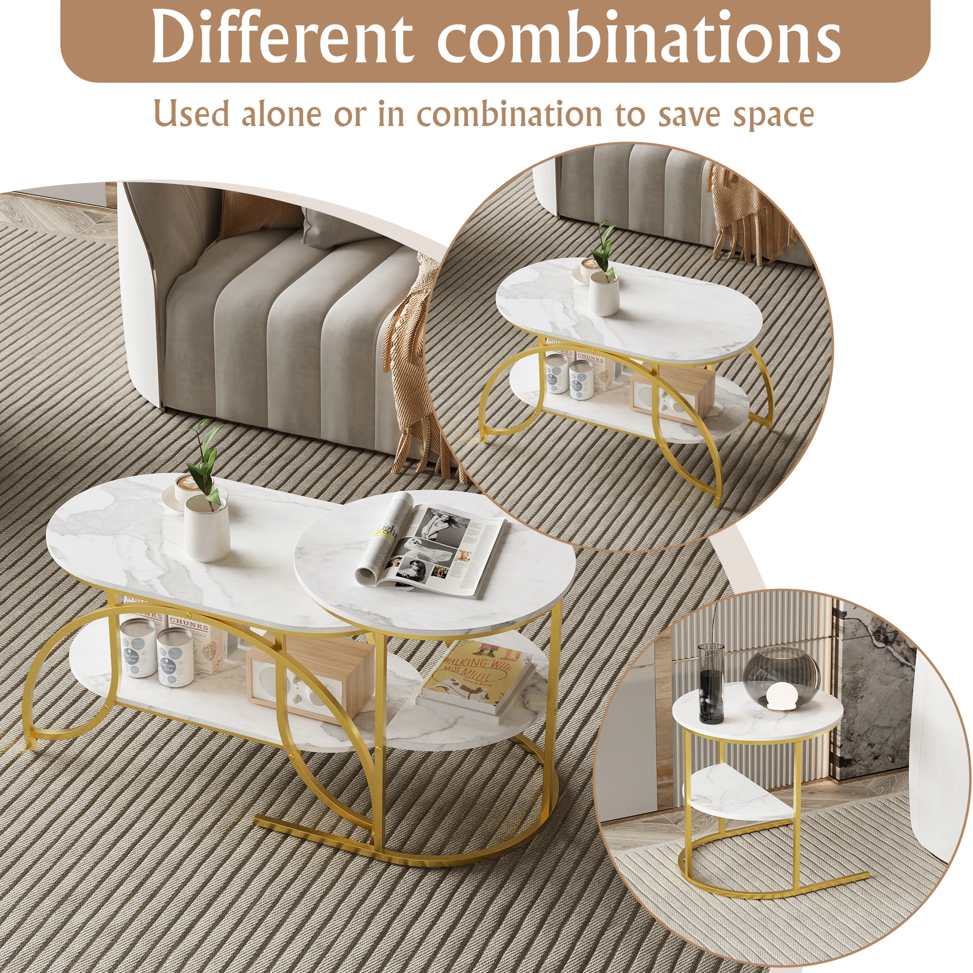 Zweiteiliges Couchtisch-Set, Runde und Ovale Beistelltische, Marmortextur, Metallrahmen, Wohnzimmer-Couchtisch, Stapelbar – Detail 3