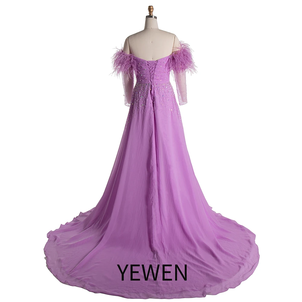 Elegant Off shoulder Maternity Dress for Photo Shoot Long Sleeve with Ostrich Feather YW240522