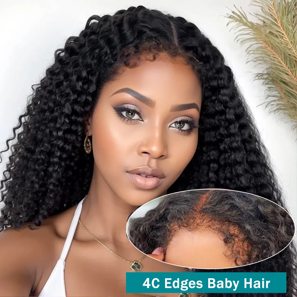 HD 13X6 Curly 220% Kinky Curly 4C Edges HD Lace Frontal Wig 13x4 HD Transparent Deep Wave Lace Front Human Hair Wigs