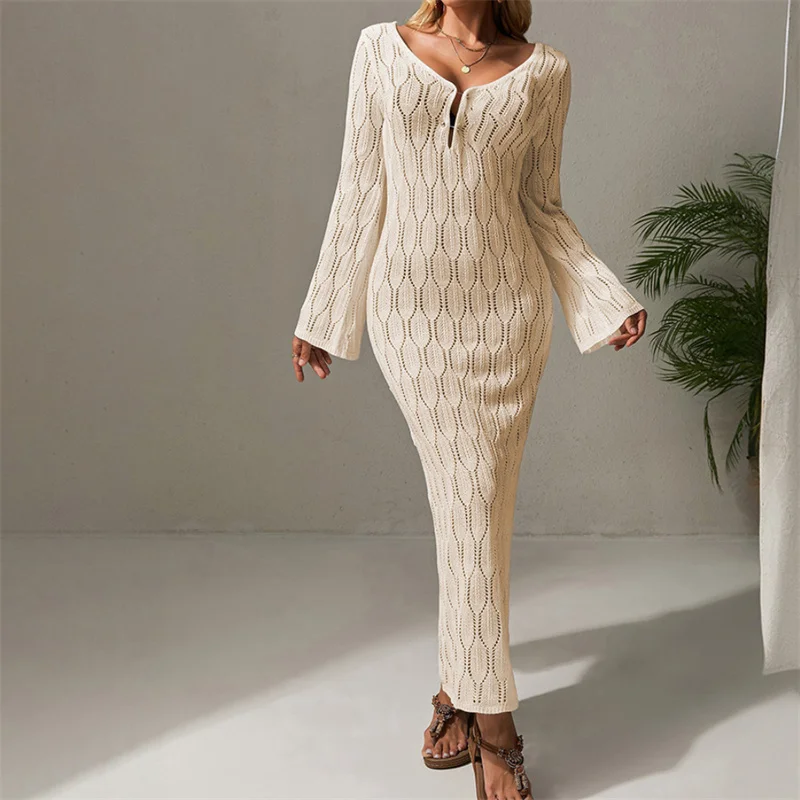 ผู้หญิงแขนยาวBackless Beachชุดถักดูผ่านโครเชต์บิกินี่Cover-Upเซ็กซี่ฤดูร้อนชุดว่ายน้ําหญิงSarong