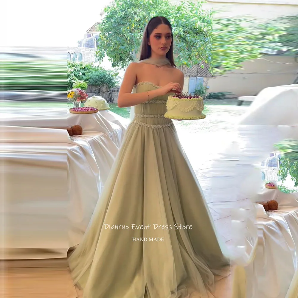 

Dianruo Mint Green Strapless Tulle Evening Dress A Line Ribbons Vestidos De Noche Pleated Floor Length Prom Gowns Customized