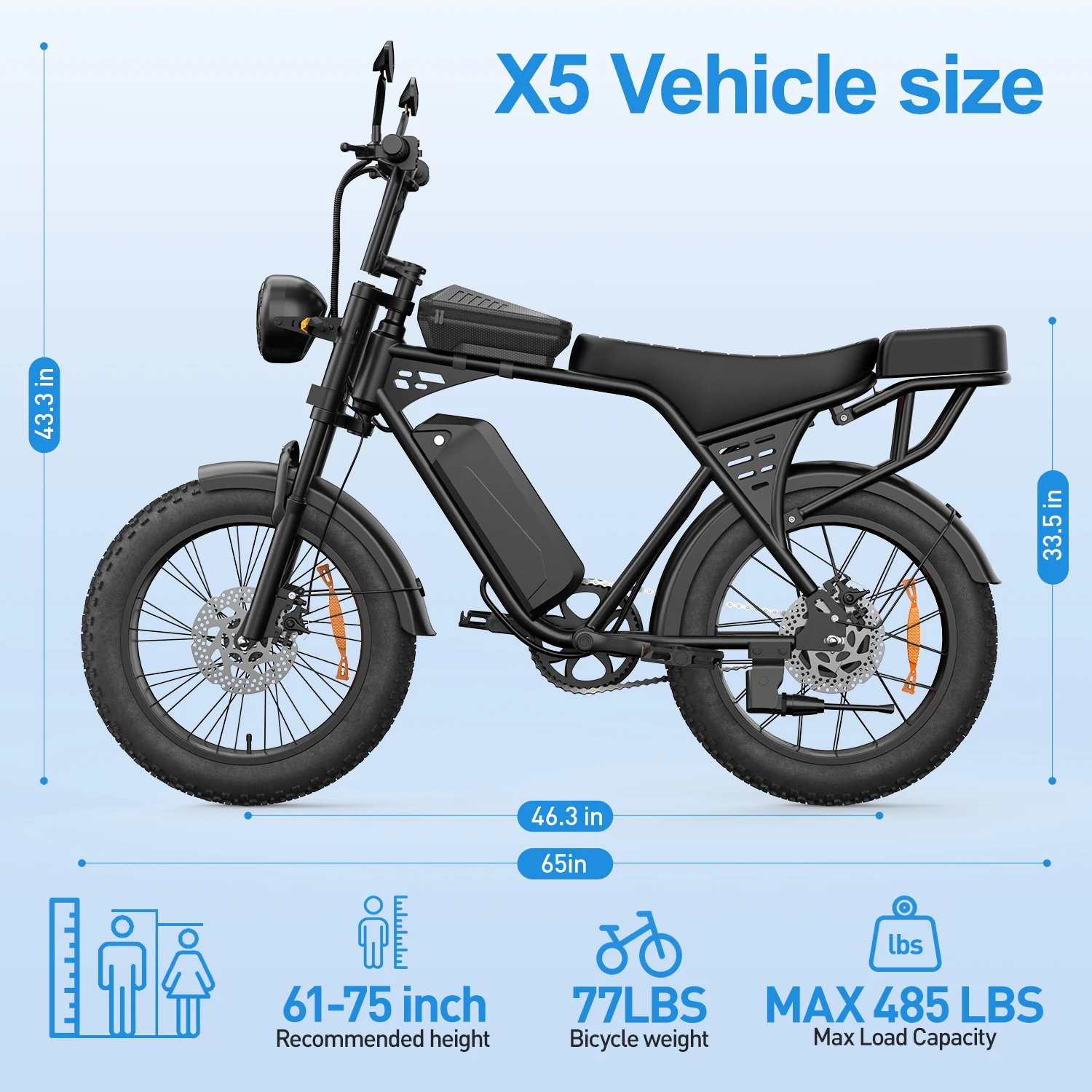 Aairsk X5 Offroad Elektrische Fiets, 75 N·m Hoge-Koppel Hoge-Snelheid Motorfiets, met Richtingaanwijzer, 48V 15Ah E-Bike, 50 Km Bereik, 20 X 4.0 Inch Vetband E-Bike